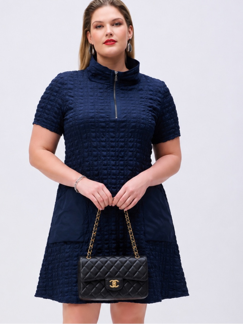 Joseph Ribkoff Navy Textured Short-Sleeve Shift Dress sz 4